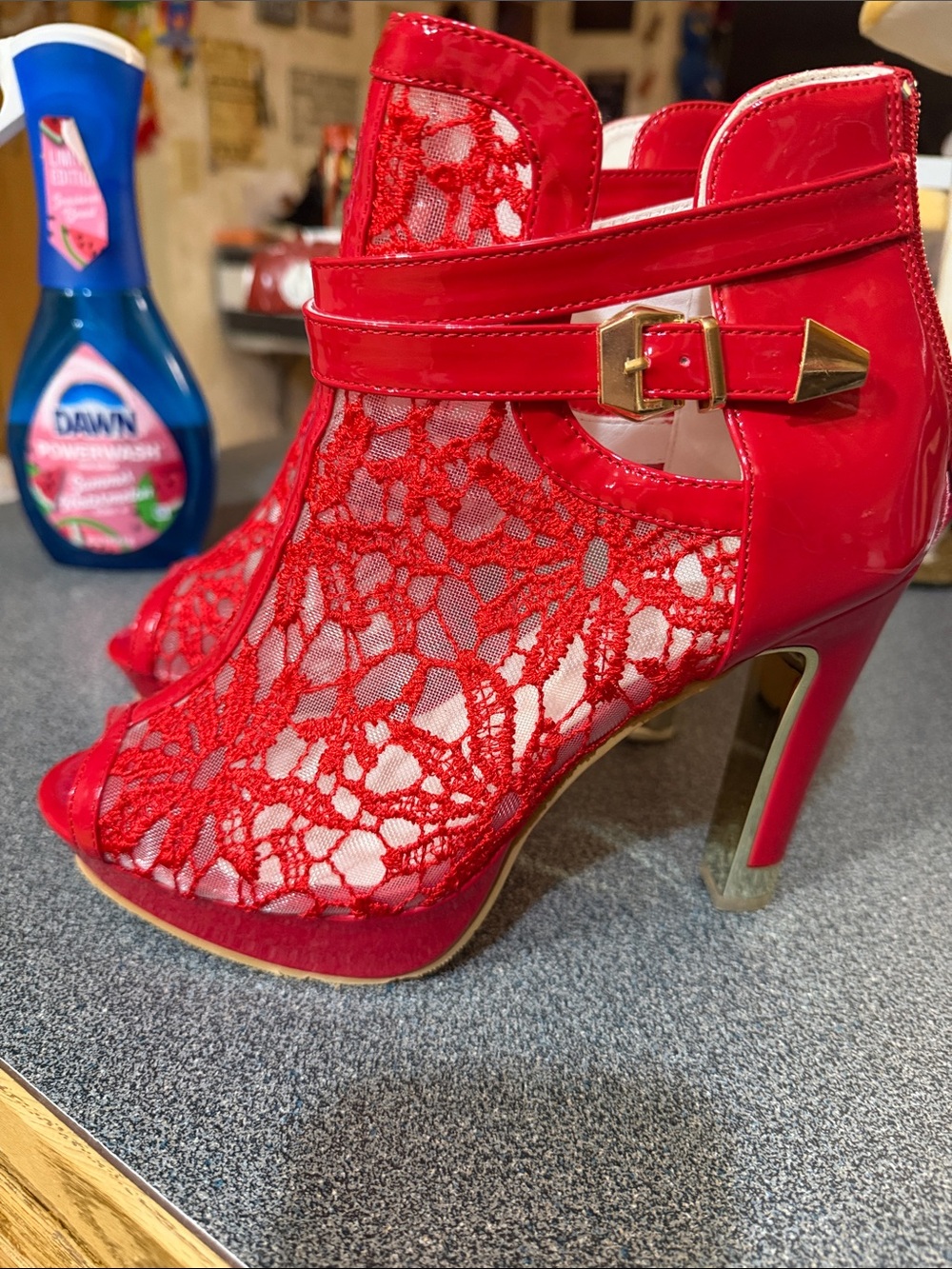 Red Lace Peep-Toe High Heel Booties with Gold Buckle